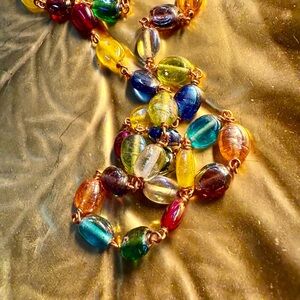 Vintage wire wrapped Murano Glass Bead Necklace Multi Colored Fruit Salad Copper